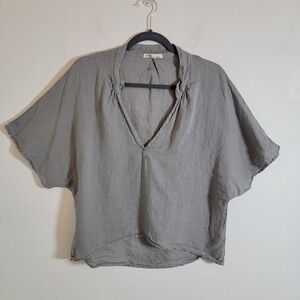 Fresh Laundry Gray 100% Linen Deep V-Neck Boho Top Small USA Coastal Beachy